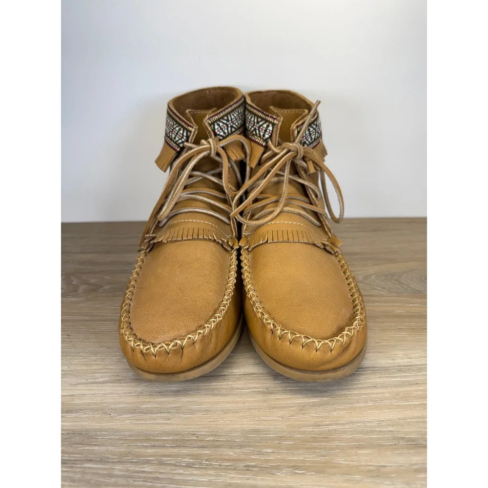 Laurentian Chief 12 Tan Genuine Moose Hide Leather Fringed Moccasin Ankle Boots